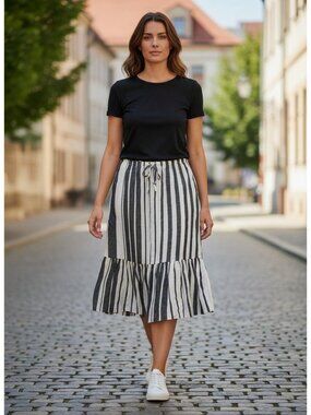 Tommy Bahama Black & White Striped Linen Skirt Elastic Waist  Ruffle Hem Large